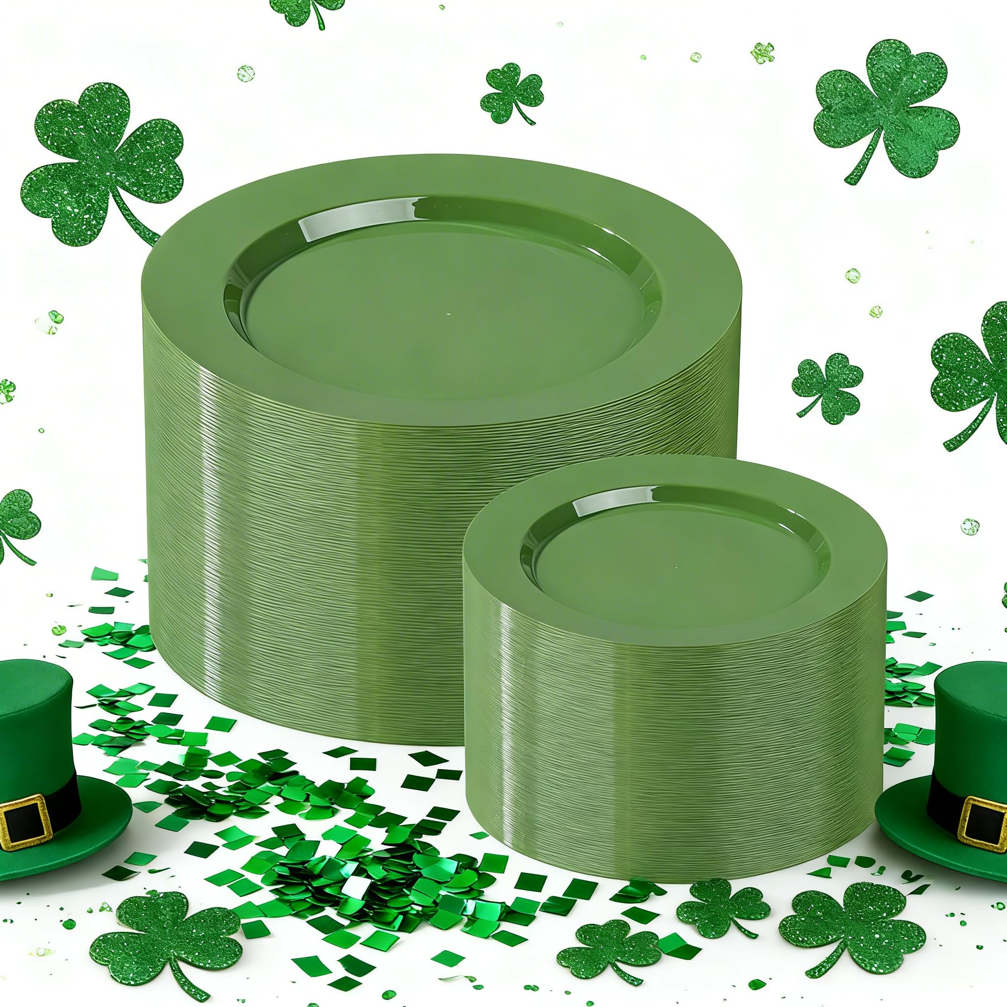 I00000 200 Pcs Green Plastic Plates, St. Patrick's Day Disposable Plates Include 100 Dinner Plate 10’’ & 100 Dessert Plate 7’’ Perfect for St Patrick's Day Party Image