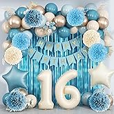 Dusty Blue 16th Birthday Party Decorations Boys Girls Beige Cream Number 16 Balloon with Blue Gold Happy Birthday Banner Fringe Curtain Paper Pom Poms Nude White Sand Champagne Star Foil Balloons