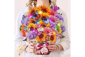 MZD8391 Birthday Cards with MUSIC & LIGHTS, Pop Up Happy Birthday Card, Sunflower & Butterfly, 10 Inch Life Sized Forever Flower Bouquet Gifts for Women Mom Grandma