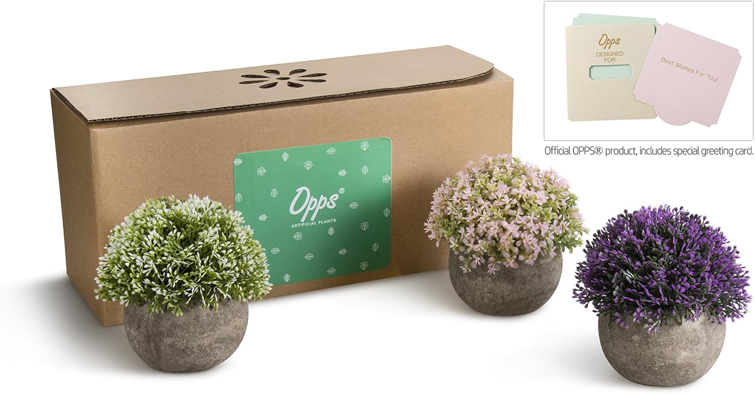 Opps Mini Artificial Plants Plastic Fake Green Colorful Flower Topiary Shrubs with Gray Pot for Home Décor – Set of 3 -