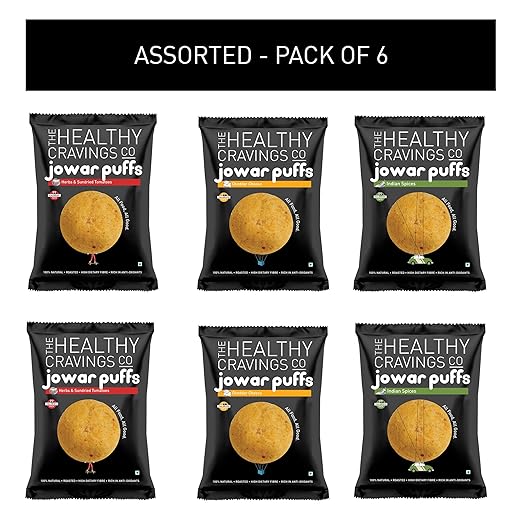 The Healthy Cravings Co Crunchy Jowar Puffs (6 Packs, 150g) - Indian Spices, Cheddar Cheese & Herbs & Sundried Tomatoes (3x50g)