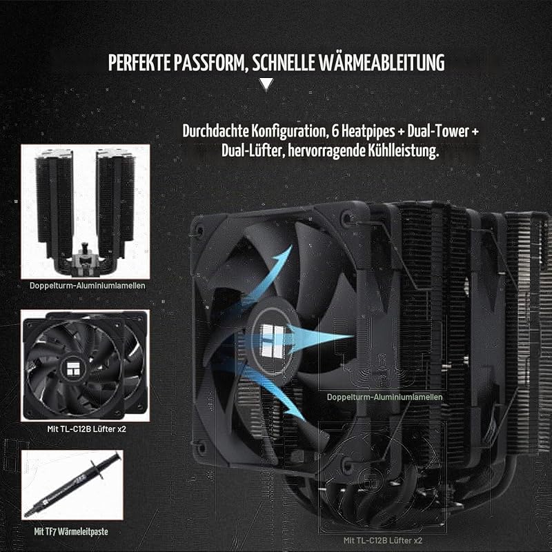 Peerless Assassin 120 Black CPU-Luftkühler, 6 Heatpipes, zwei 120mm C12B PWM Lüfter, Aluminium-Kühlkörperabdeckung, AGHP-Technologie, für AMD AM4/Intel LGA 1700/1150/1151/1200/2066/2011