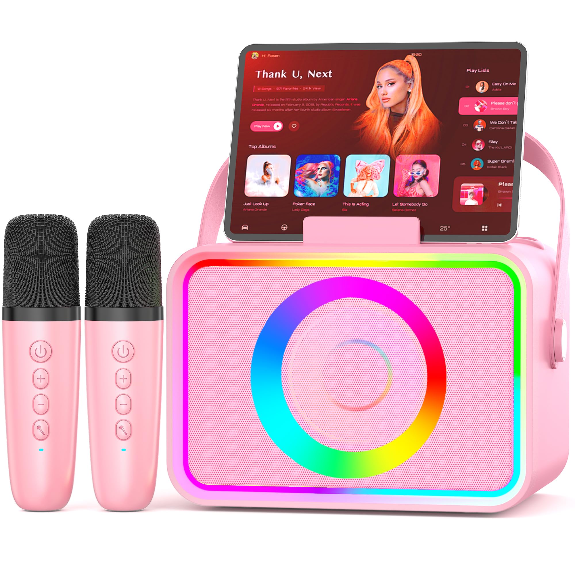 Photo 1 of Karaoke Machine,Portable Bluetooth Speaker with 2 Wireless Microphone for Adults & Kids with LED Lights, Karaoke Microphone with PA System Supports USB/TF/AUX,Gift for Party (Pink)