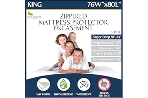 FOUR SEASONS ESSENTIALS Super Deep Pocket Mattress Encasement - King - Zippered Bedbug Waterproof Protector for Very Deep Mattresses 20-24 inch Depth