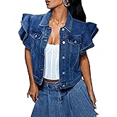 LifeShe Cropped Denim Jacket for Women Summer Ruffle Sleeve Button Down Crop Jean Jacket Casual