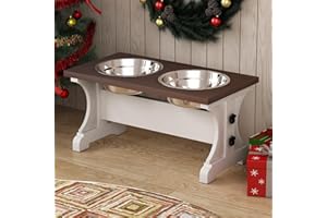 Piskyet Elevated Dog Bowls,Farmhouse Dog Bowls Stand, Raised Dog Bowl with 2 Stainless Steel Wooden Dog Bowl,3.5Cups8.5''H_30 oz Bowl-Farmhouse Style