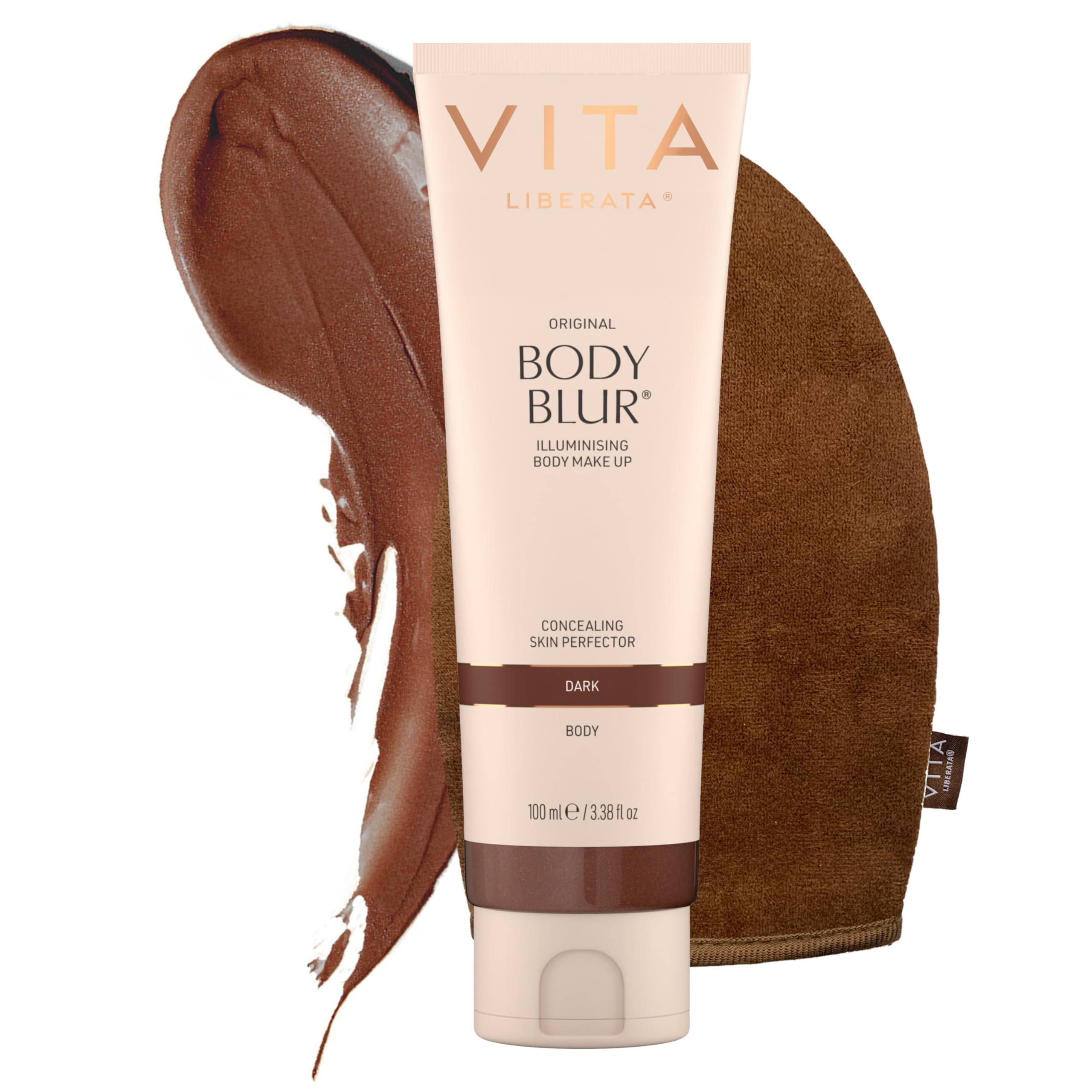 VITA LIBERATA Body Blur Dark 100ml & Mitt Bundle, Leg & Body Makeup, Skin Perfector, Wash Off Instant Tan, Streak Free Application Mitt, Water Resistant, Disguise Imperfections
