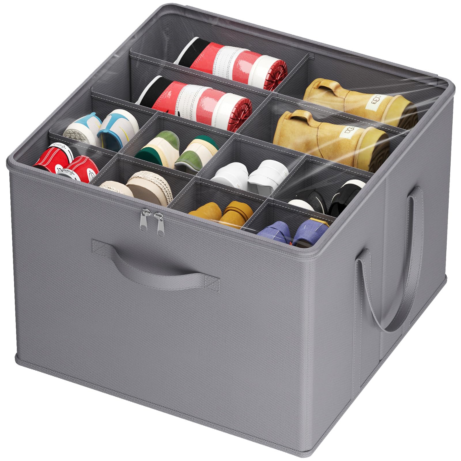 Lifewit Shoe Storage Organizer for Closet, Large Shoe Box Storage Containers with Clear Cover and Reinforced Handles, Foldable Storage Bins for Boots Heels Sneakers, Fits 12-16 Pairs, Grey, 1 Pack