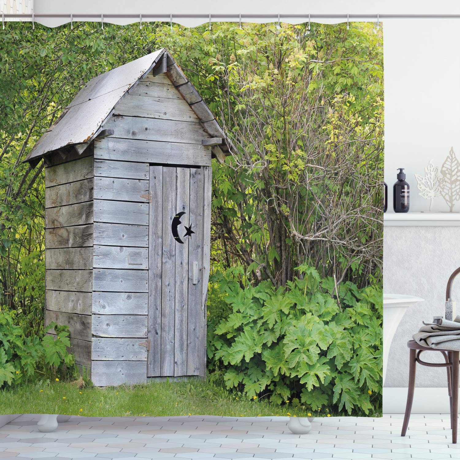 ABAKUHAUS Outhouse Shower Curtain, Vintage Farm Life Cottage Barn Shed in Forest Trees Leaves Picture, Cloth Fabric Bathroom Decor Set with Hooks, 78 Inches, Pale Grey and Fern Green