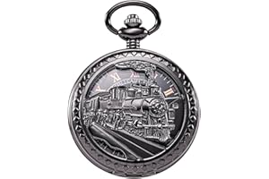 TREEWETO Mens Womens Antique Mechanical Pocket Watch Skeleton Black Case Steam Train Railroad Roman Numerals