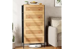 Crestlive Products Rattan Dresser Storage Tower - Sturdy Steel Frame, Wood Top, Easy Pull Fabric Bins, Wood Handles - Organizer Unit for Bedroom, Hallway, Entryway, Closets - 5 Drawers (Natural)