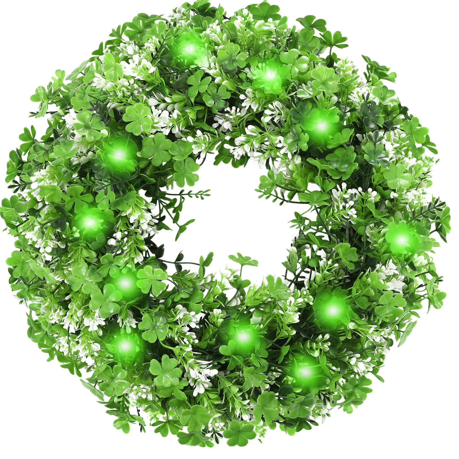 Photo 1 of Hotop 20" St Patricks Day Artificial Wreath Front Door with Lights Lucky Green Shamrock Clover Irish Festival Garland Spring Summer Greenery Wreaths for Holiday Wall Home Porch (Green Shamrock)