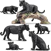 TOYMANY 7PCS Black Panthers Figurines with Cubs and Tree Trunk, Realistic Jungle Animals Figures Family Set, Wildlife Figure,