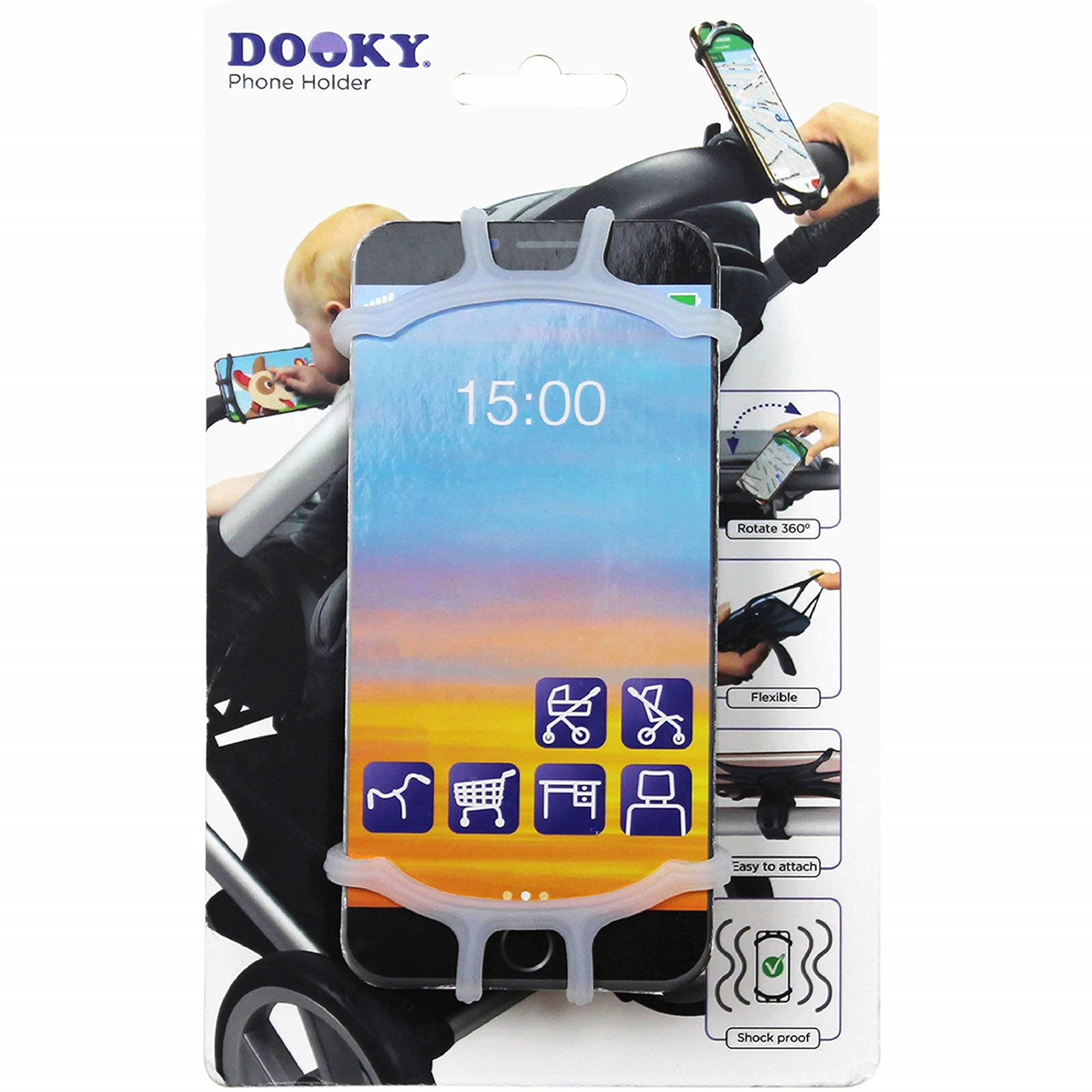 Dooky Silicone Universal Phone Holder (Screen Size between 4.7 and 6.9 inches) for Hands-Free Experience on Pram/ Cycle/ Car Back Seat/ Table/ Desk, Unbreakable, 360 Degree Rotatable, Transparent