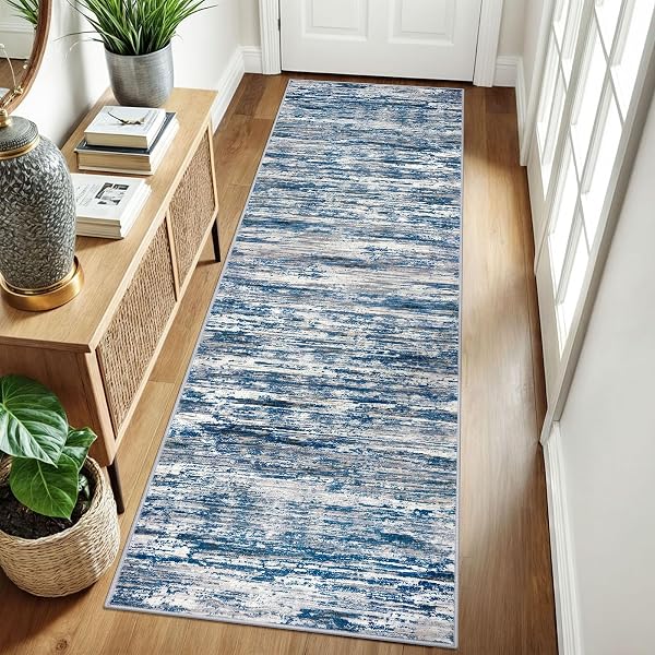 SIILOOM 2.6X8 MODERN ABSTRACT RUNNER RUG FOR HALLWAYS, NAVY BLUE GRAY NEUTRAL MULTI SUPER SOFT HALLWAY DECOR KITCHEN RUGS WITH SLIP-RESISTANT, NON-SHEDDING WASHABLE RUG FOR ENTRYWAY BEDROOM INDOOR