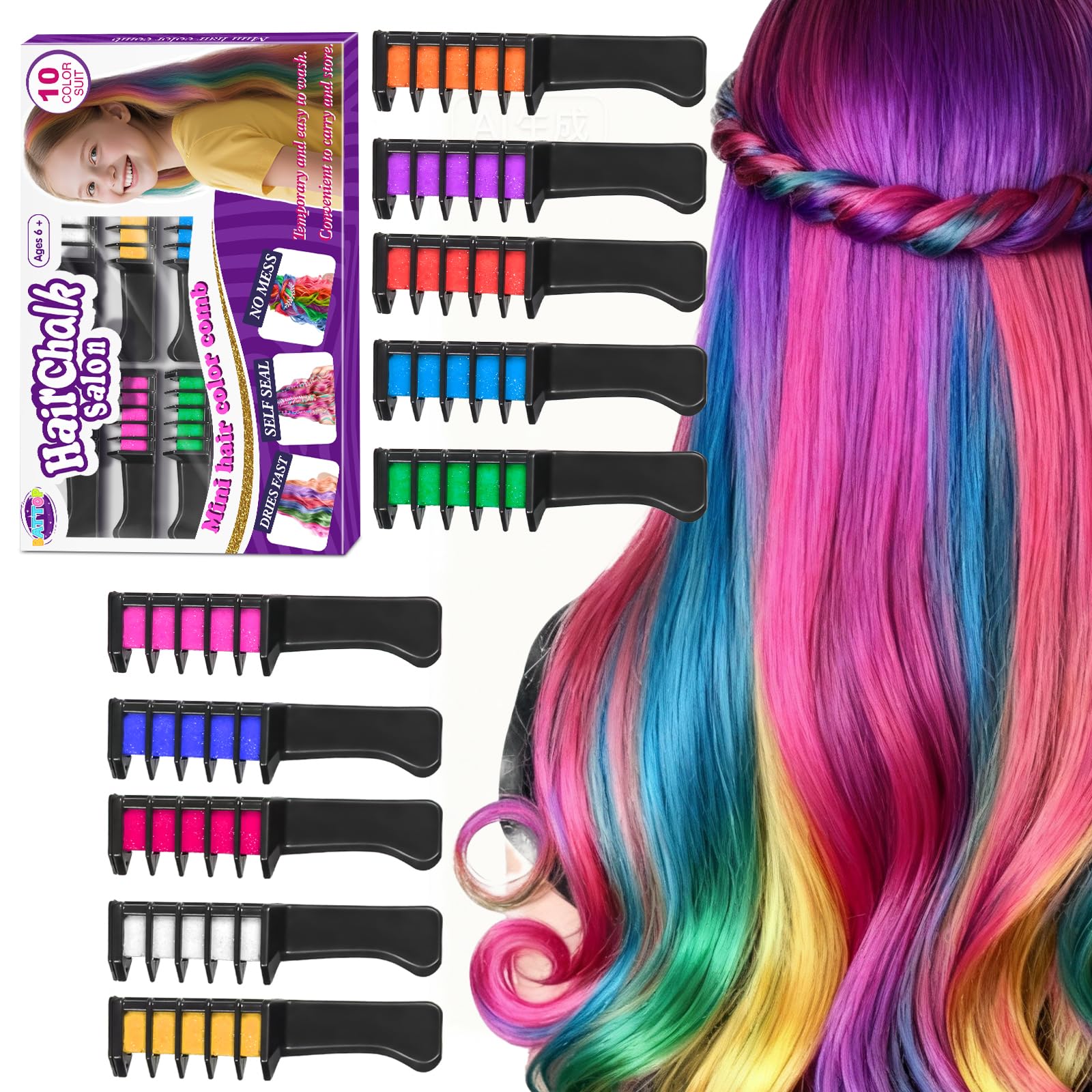 BATTOP 10PCS Hair Chalk Comb Temporary Bright Hair Color Cream for Girls Kids Women Gifts for Halloween Makeup Birthday Christmas Washable Colourful