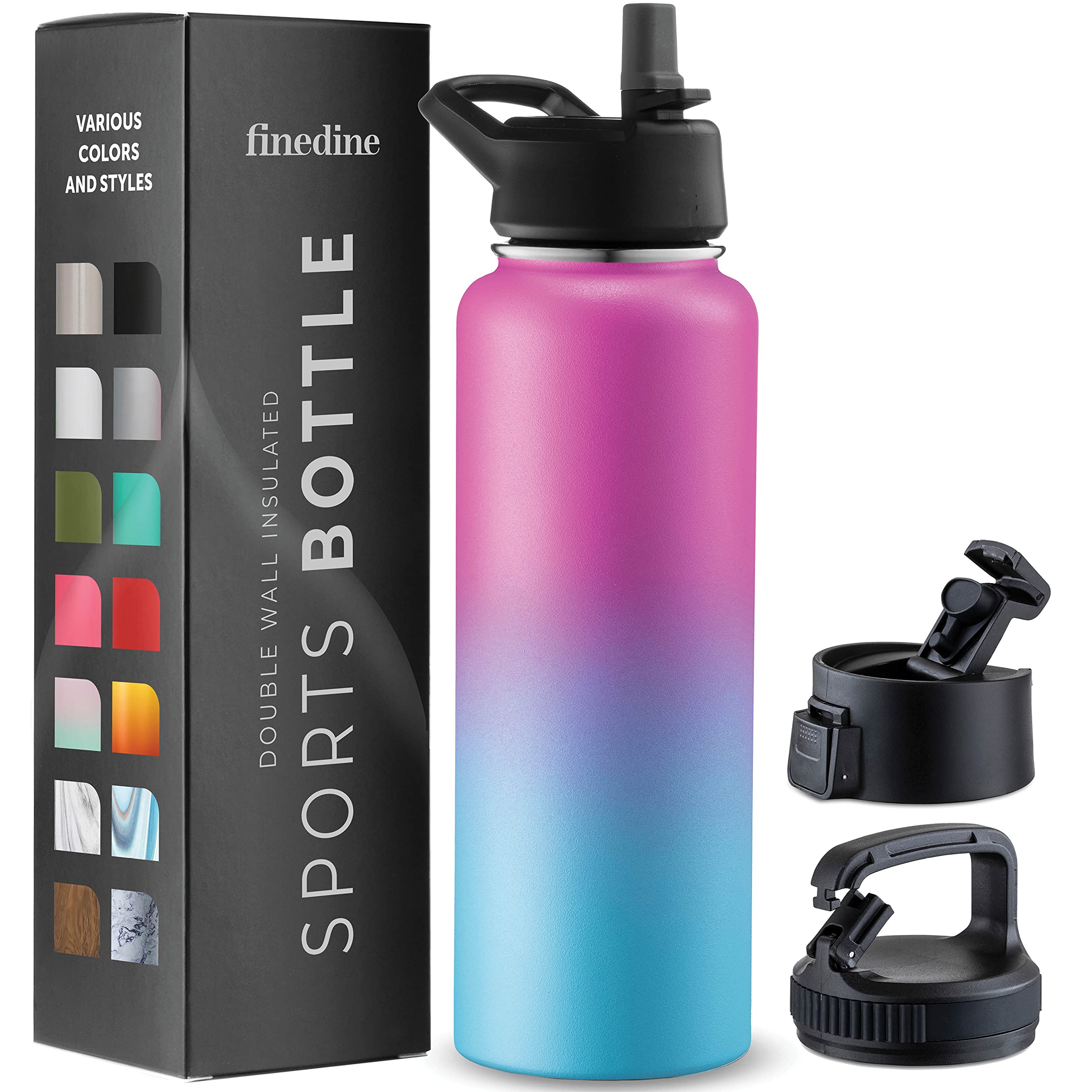 FineDine Triple Walled, Insulated Water Bottles with Straw - 40 Oz Stainless Steel Metal Bottle W/ 3 Leak Proof Lids - For Travel, School, Sports, Gym/Men, Women & Kids - Pacific Blue Rose Blend