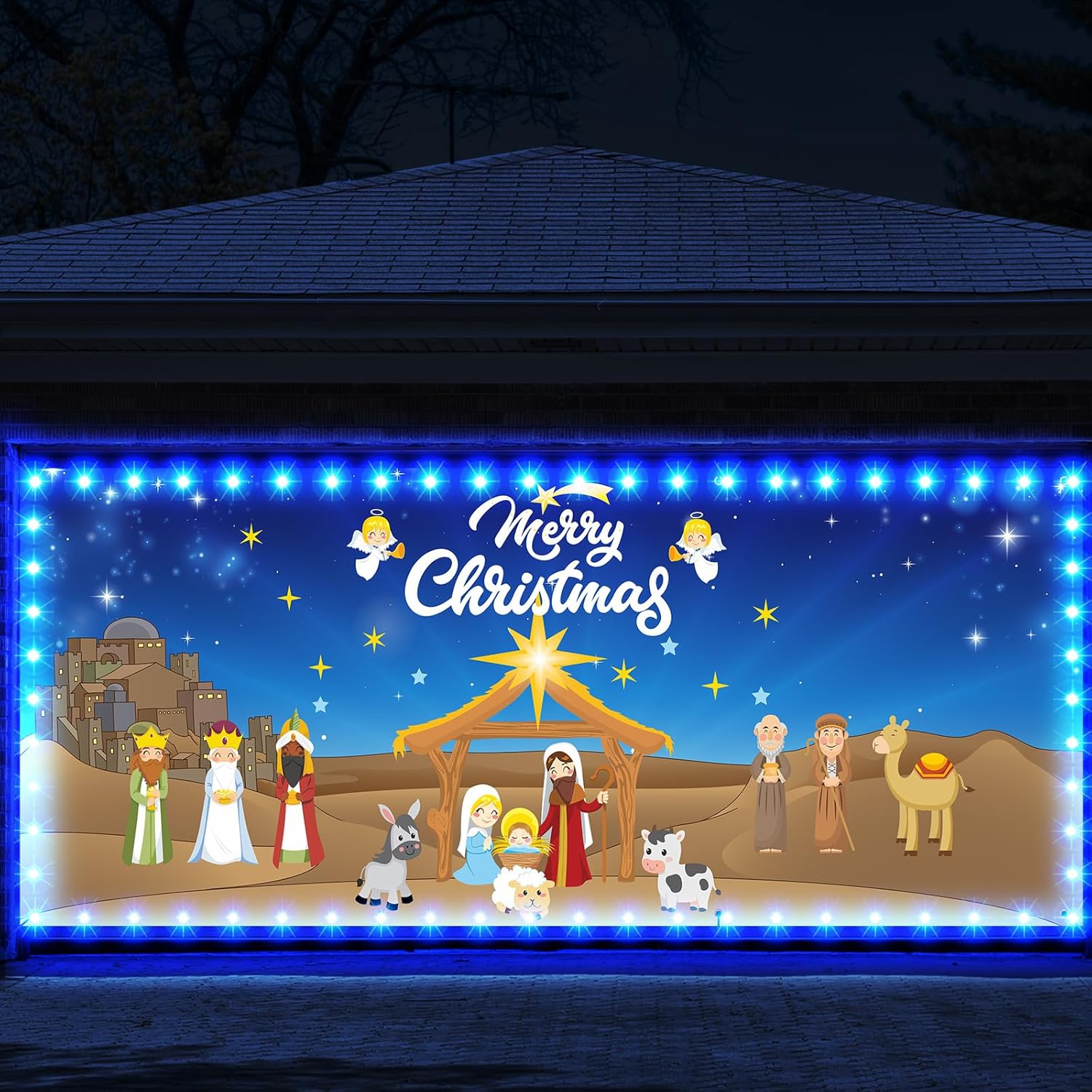 Garage Door Decorations - 7 x 16 ft Holy Nativity Christmas Outdoor Garage Door Banner Nativity Scene Large Christmas Backdrop Decoration with LED String Lights Holiday Vinyl Cover Religious Christmas Backdrop Decoration