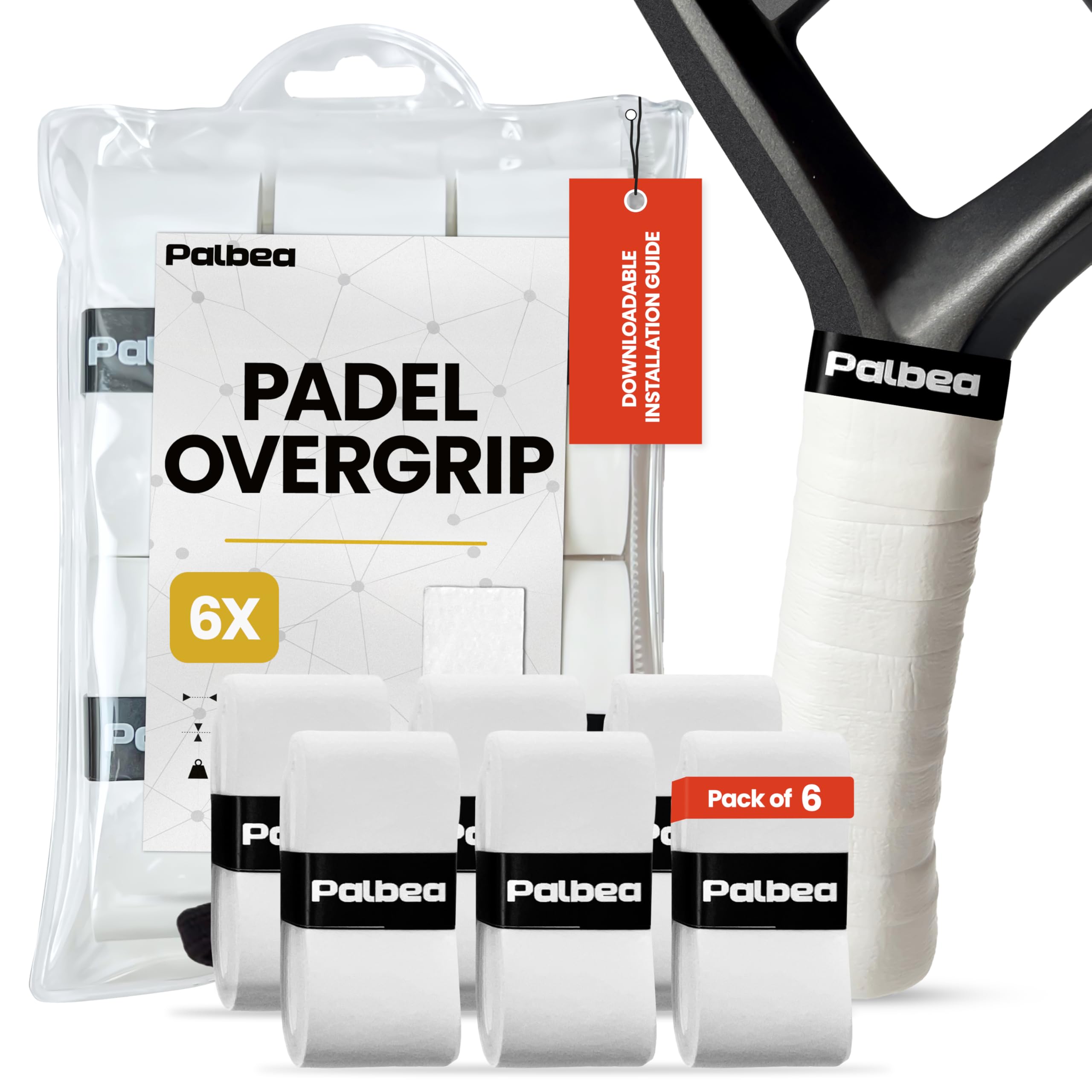 Palbea Padel OverGrip in White - Extra Tacky - Pack of 6 - Superior Sweat Absorption - Non-Slip Grip Tape for Padel & Tennis Rackets - Soft Feel - Specially Crafted for Padel Racquets.