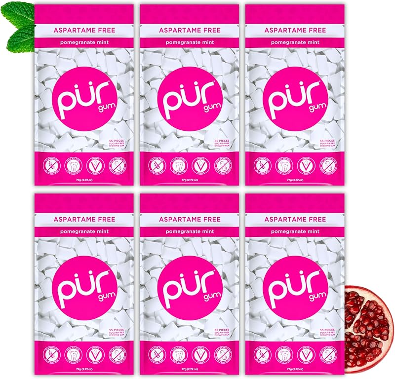 PUR Gum Sugar Free Pomegranate Mint Xylitol 55 Pieces Pack of 6 Vegan