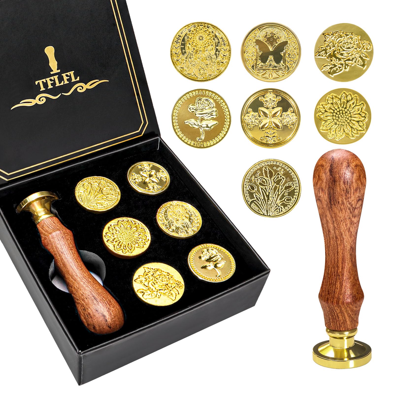 Betinyar Wax Seal Stamp Set, 7pcs Wax Stamp Heads with Wooden Handle, Wax Envelope Seal Stamp Kit for Wedding Party Invitation Card