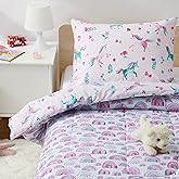 Amazon Basics Kids' 3 Piece Lightweight Cotton Shell Reversible Comforter Set with Sham, USTCP Certified Cotton Shell, Twin, Unicorns and Rainbows