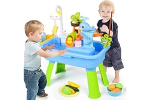 DHIRAGU 2026 Upgraded Water Table for Toddlers 1-3, Water Table with Pump,Toy Kitchen Sets for Kids Ages 4-8, with Detachable Legs, Play Sink with Electric Faucet, Includes Play Vegetables and Fishing Game