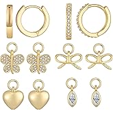 Wremily 14K Gold Plated Huggie Earrings and Charm Set for Women |Mix and Match Earring Pack with Cubic Zirconia Star Heart Flower Bow Small Hoop Earrings with Charms