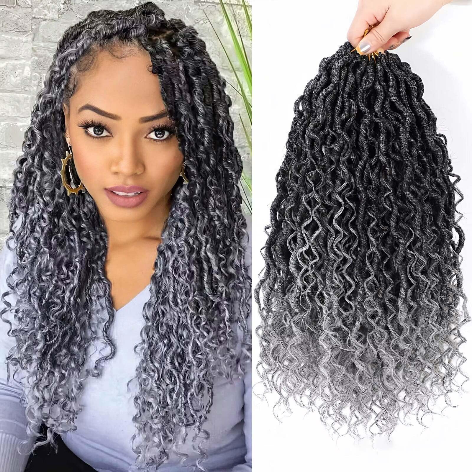 Photo 1 of 12 Inch 8 Packs Goddess Locs Crochet Hair Faux Locs Crochet Hair for Women Pre Looped River Locs Hair with Curly Ends Synthetic (12 Inch 8 Packs, #1B/Grey)
