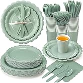 Ziliny 175 Pcs Sage Green Plates and Napkins, 25 Guest Spring Party Supplies Include Scalloped Paper Plates Napkins Cups Plastic Spoons Forks Knives Disposable Tableware Set for Baby Shower