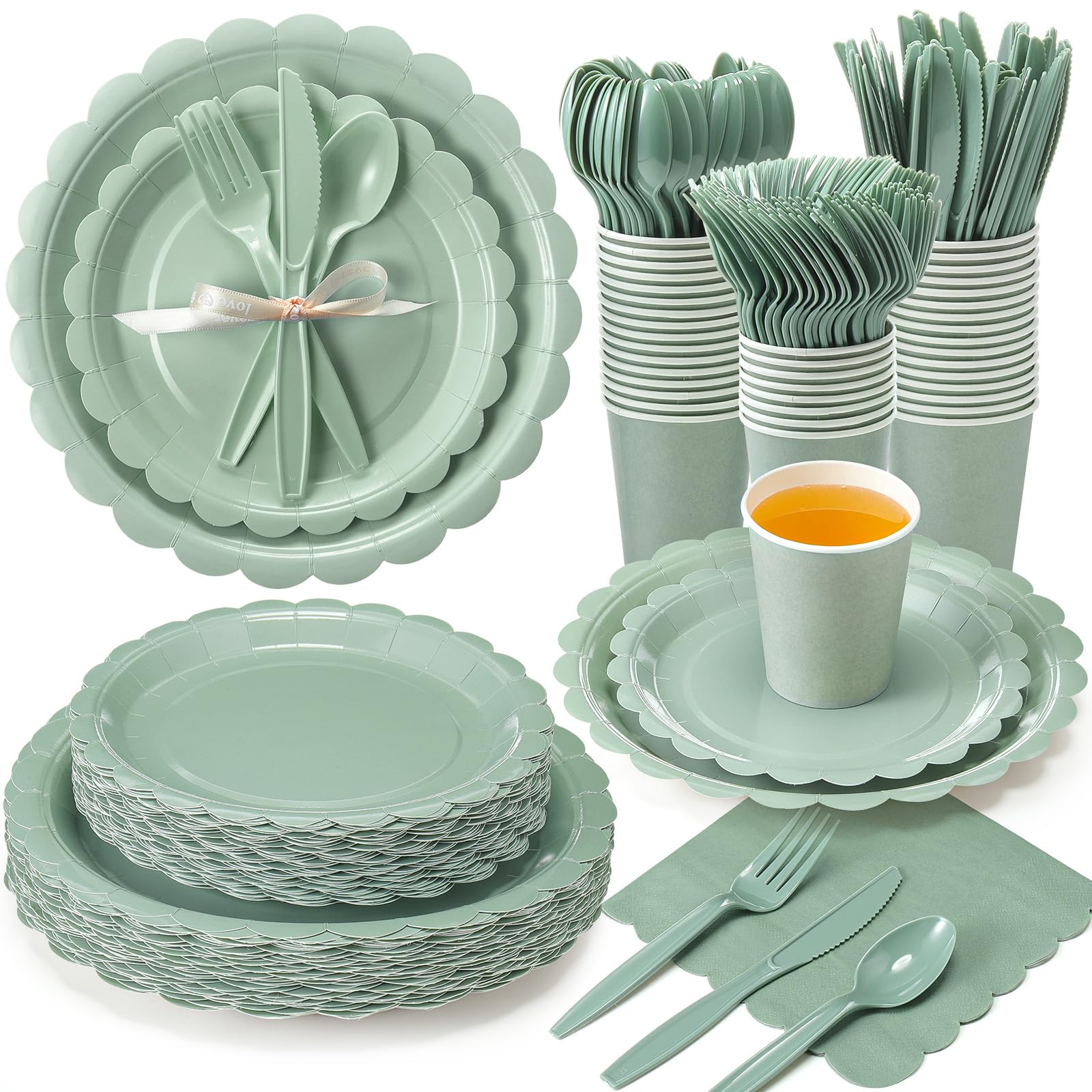 Photo 1 of Ziliny 350 Pcs Sage Green Plates and Napkins, 50 Guest Spring Party Supplies Include Scalloped Paper Plates Napkins Cups Plastic Spoons Forks Knives Disposable Tableware Set for Baby Shower