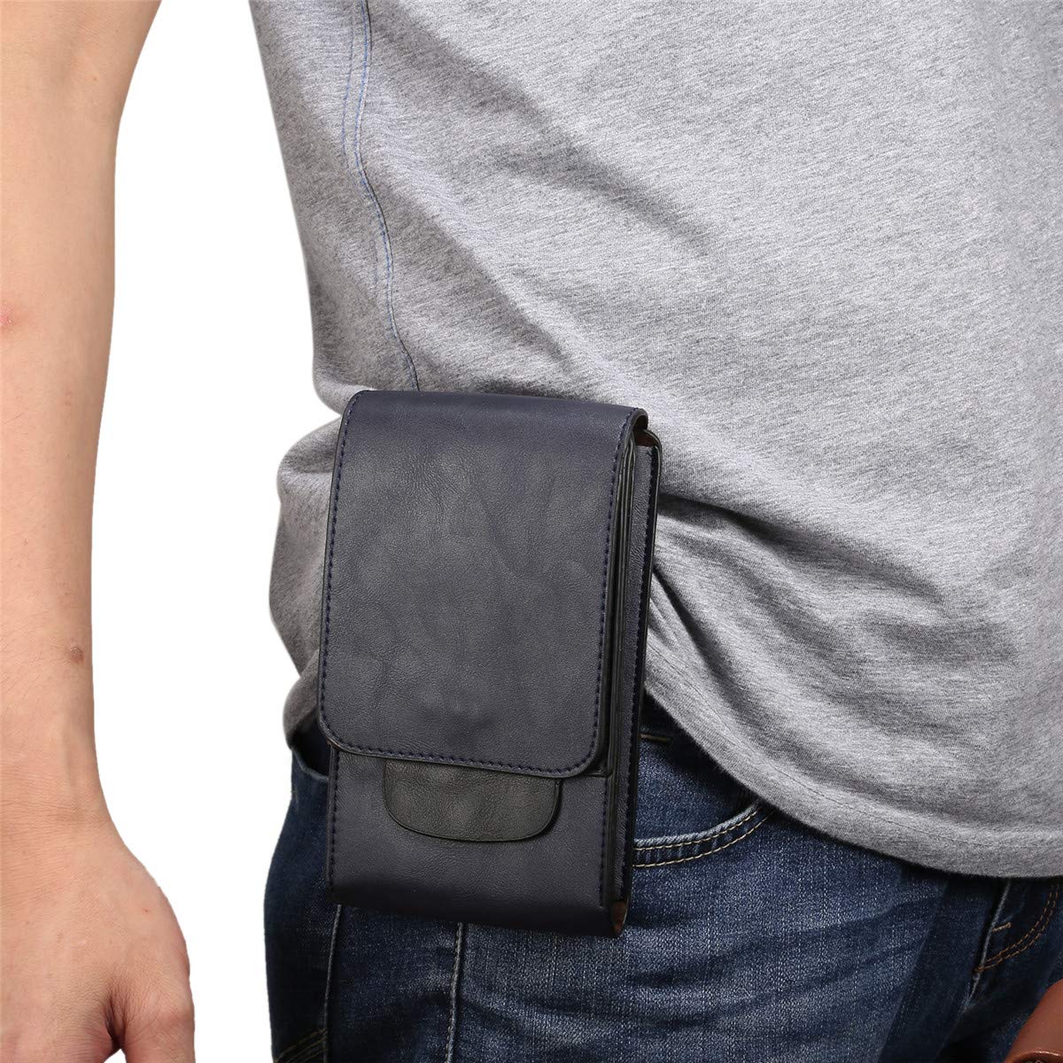 Cell Phone Belt Clip Pouch Mens Leather, Cell Phone Waist Belt Bag Leather, 6.5" Universal Vertical PU Leather Men Cellphone Holster Mobile Phone Belt Case Waist Pack with Belt Loop Carabiner Hook
