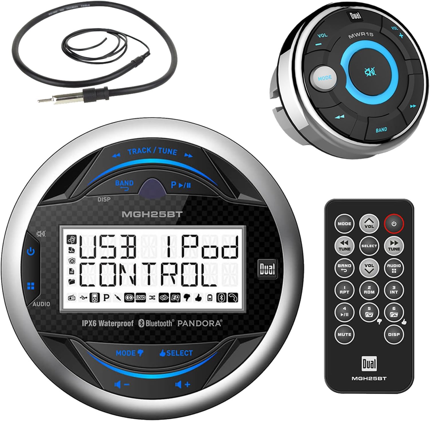 Dual Electronics MGH25BT Marine Boat Yacht Bluetooth Gauge Style Digital Media Receiver Bundle Combo with MWR15 Waterproof Wired Remote Control + Enrock 22" Radio Antenna