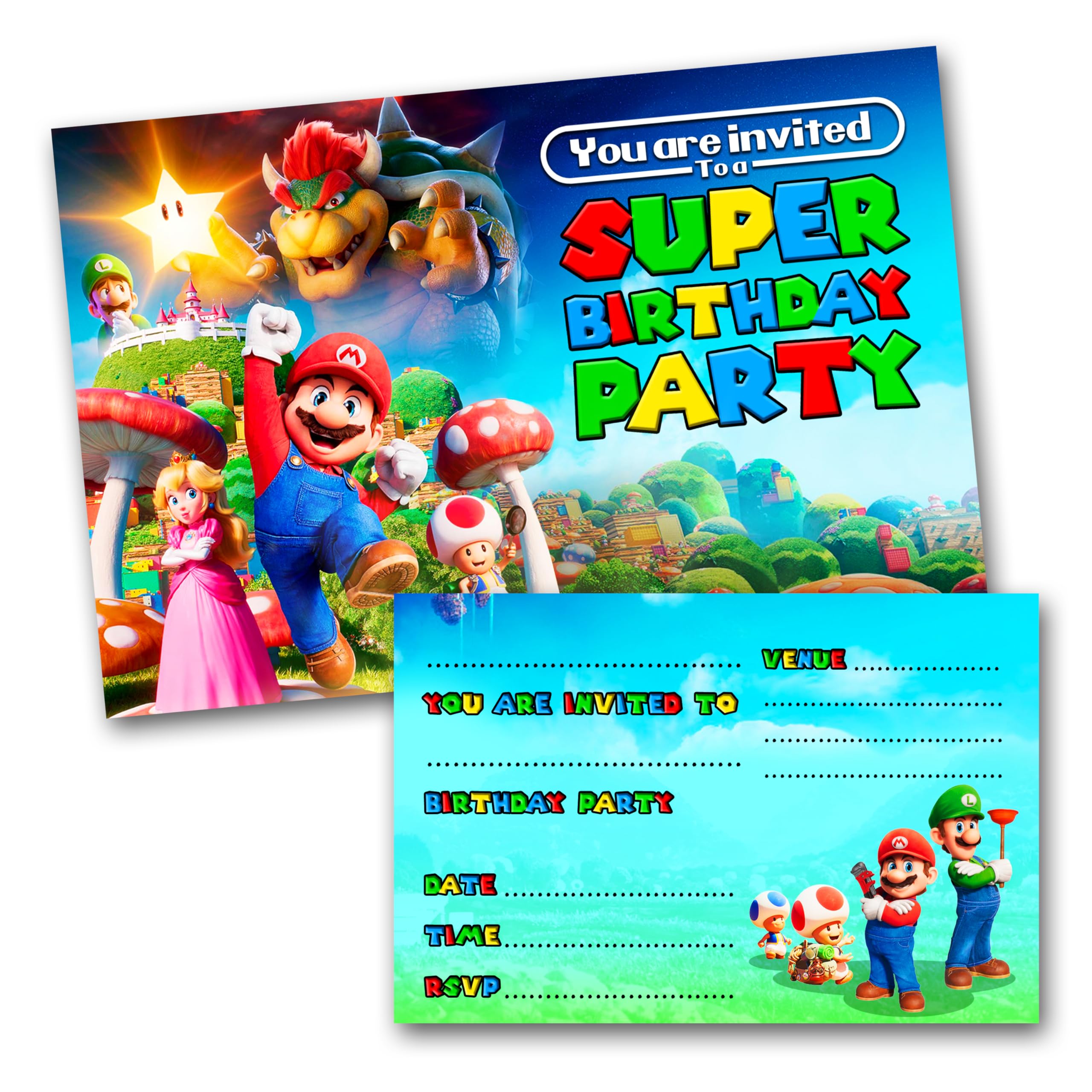 Super Mario Party Invitations Pack & Envelopes (WRITE ON) PACK OF 15