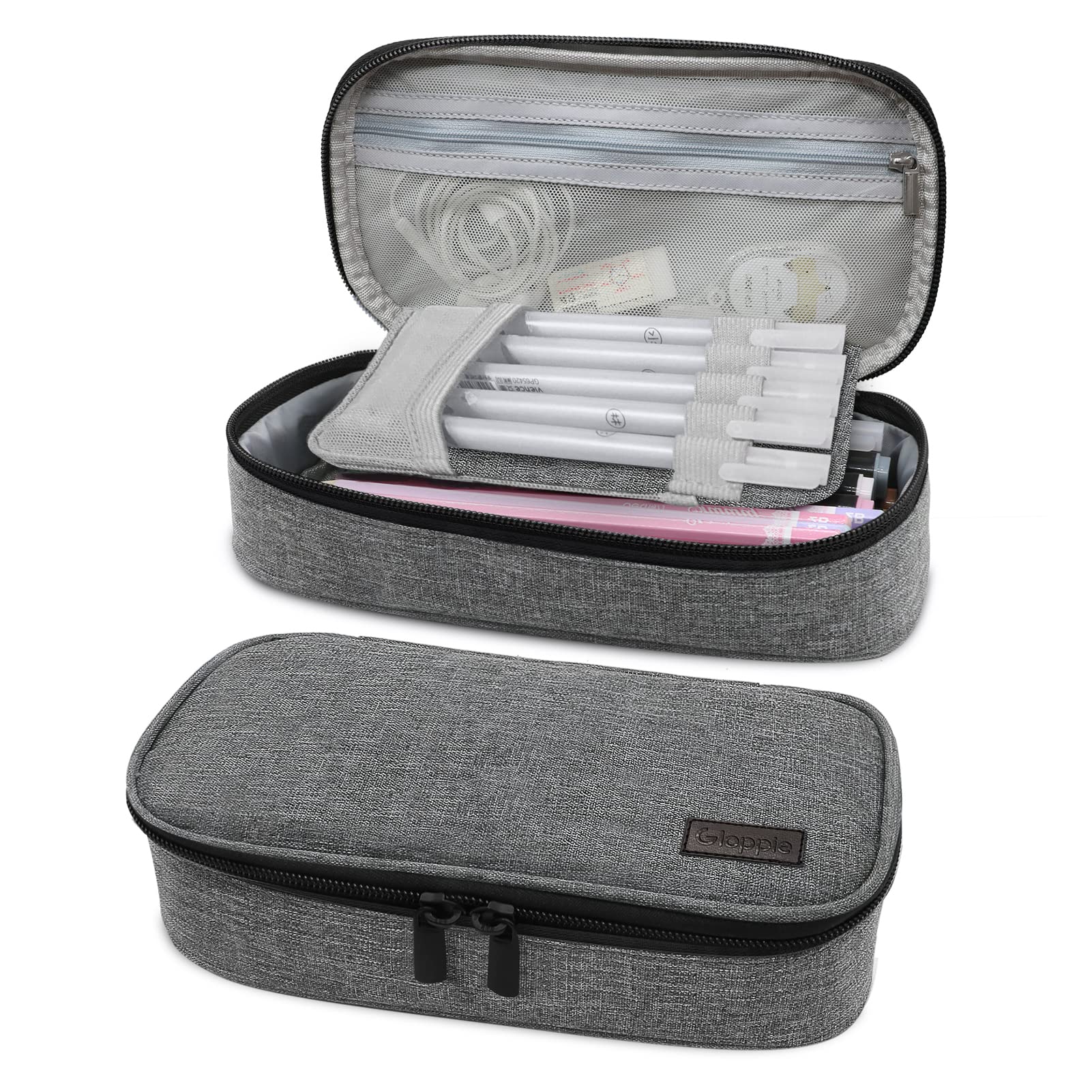 Gloppie Large Capacity Pencil Pouch Pen Case for Girls Boys 3 Compartments Personalised Gifts Middle High School Office Stationary Supplies, Gray