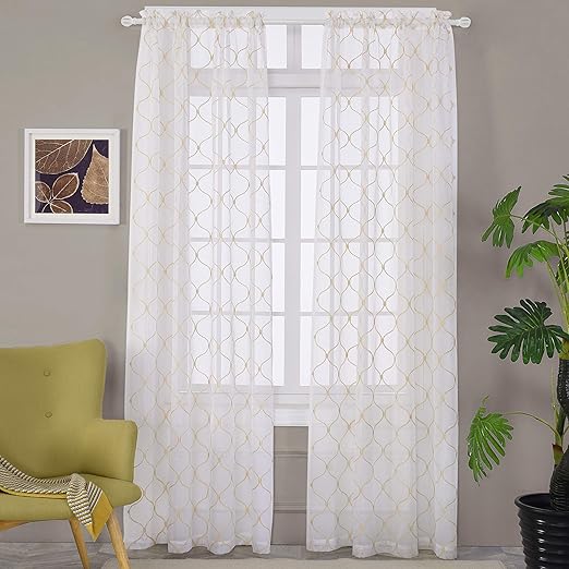 Amazon Com Mystichome Embroidery Gold Sheer Curtains 84 Inches