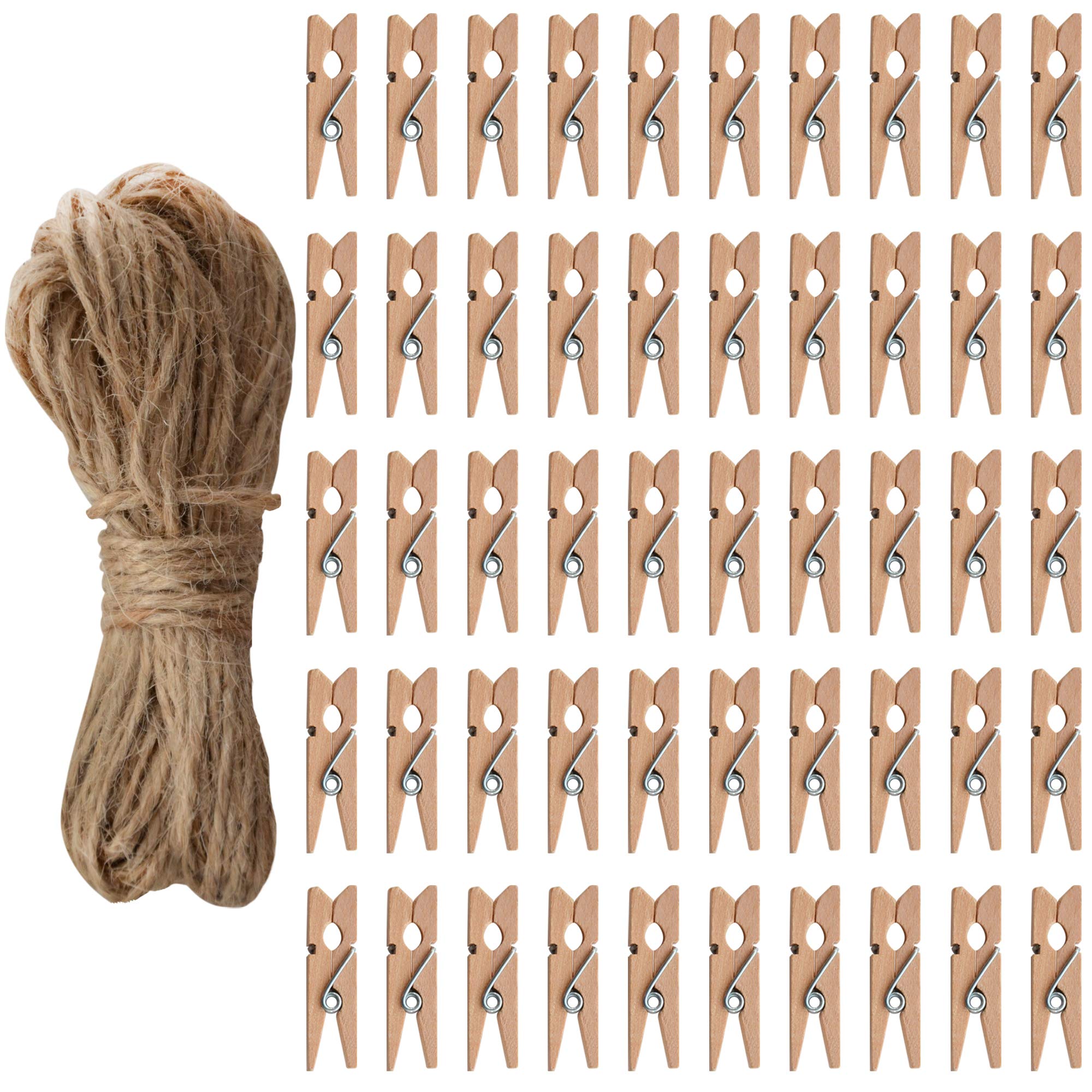 100 x 3.5CM Mini Wooden Pegs and 2000cm Jute Twine String - Stylish Way of Hanging Photos - Christmas/New Born/Birthday/Anniversary Card Holder, Great Arts & Crafts Gifts