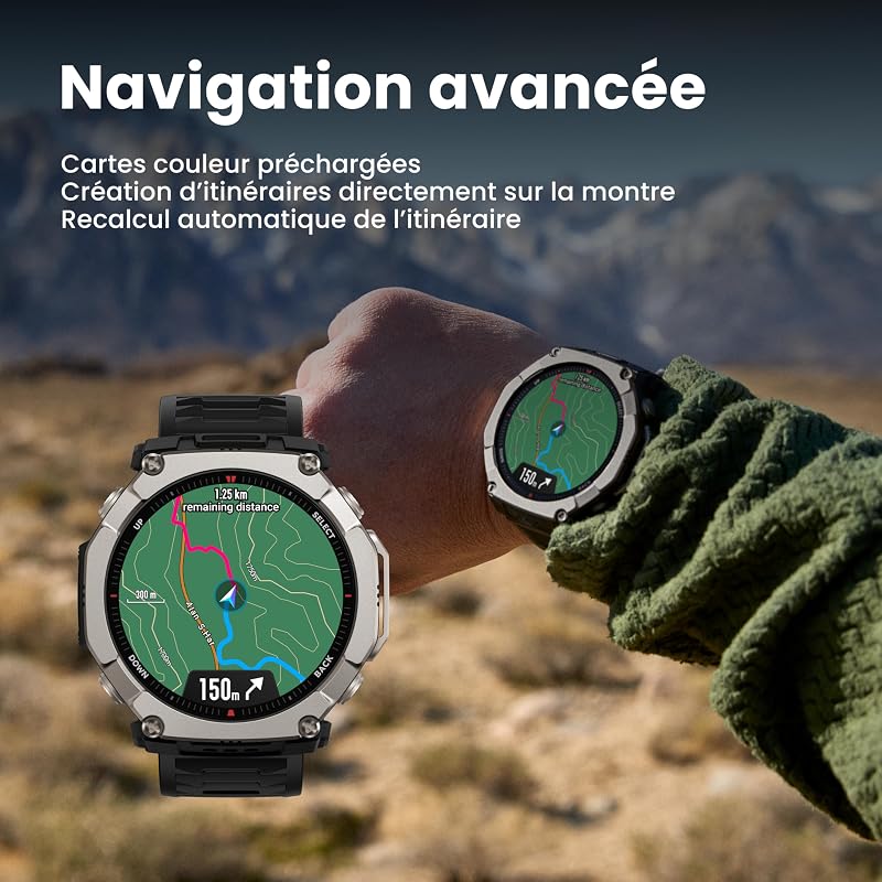 T-Rex Ultra 2 Montre Connectée Outdoor, GPS Double Bande, Boîtier Titane 51 mm, Écran AMOLED 1,5" Verre Saphir, Lampe Torche, 30 Jours Autonomie, Cartes Hors Ligne, 10 ATM, 180+ Modes Sport