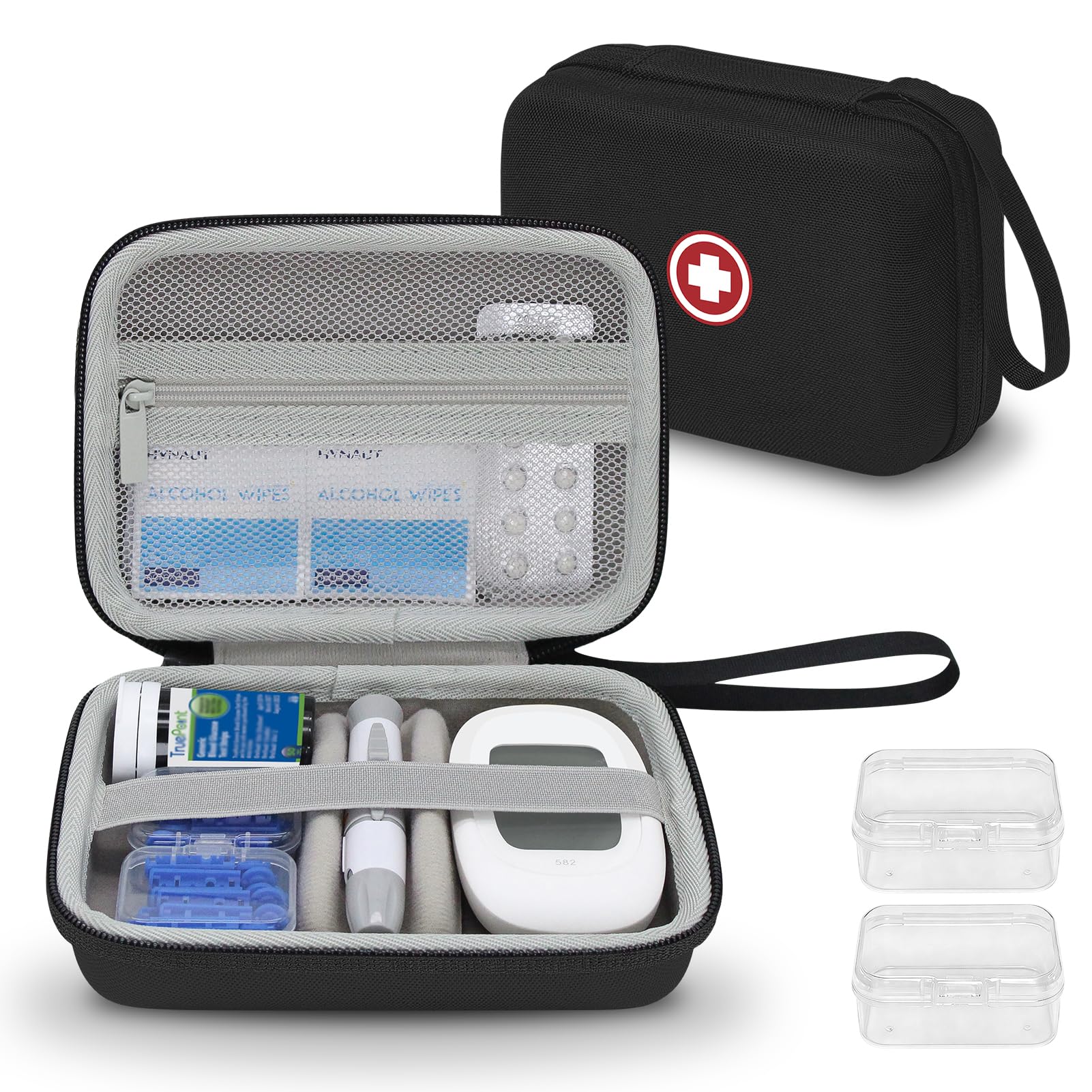 Photo 1 of Diabetic Supplies Travel Case, Carrying Case Organizer for Diabetes Testing Kit, Blood Glucose Monitor Kit with Meter, Blood Sugar Test Strips, Lancets, Lancing Device(Case Only) (Gray Interior)