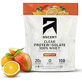 Ascent 100% Clear Whey Protein Powder - Post Workout, Zero Artificial Flavors & Sweeteners, Gluten Free, 5.5g BCAA, 2.1g Leucine, Essential Amino Acids, Orange Mango, 20 Servings