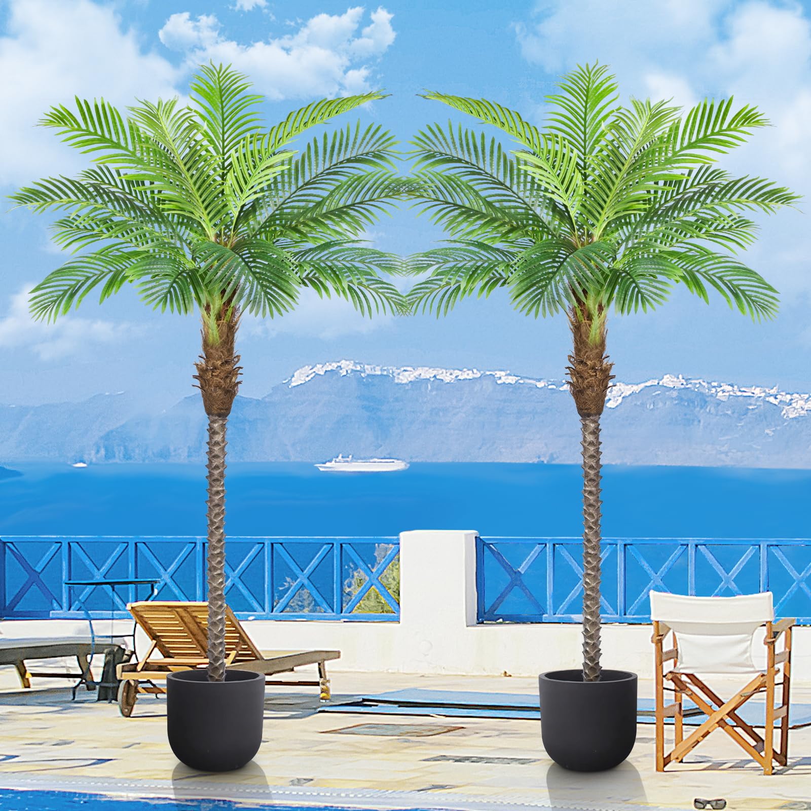 Photo 1 of Keeplush 8.5ft Tall Artificial Phoenix Palm Tree for Outdoors Indoor Decor, Large Faux Coconut Silk Palm Tree Tropical Fake Tree Perfect for Outside Patio Poolside Porch Home Office Decor (Set of 2)