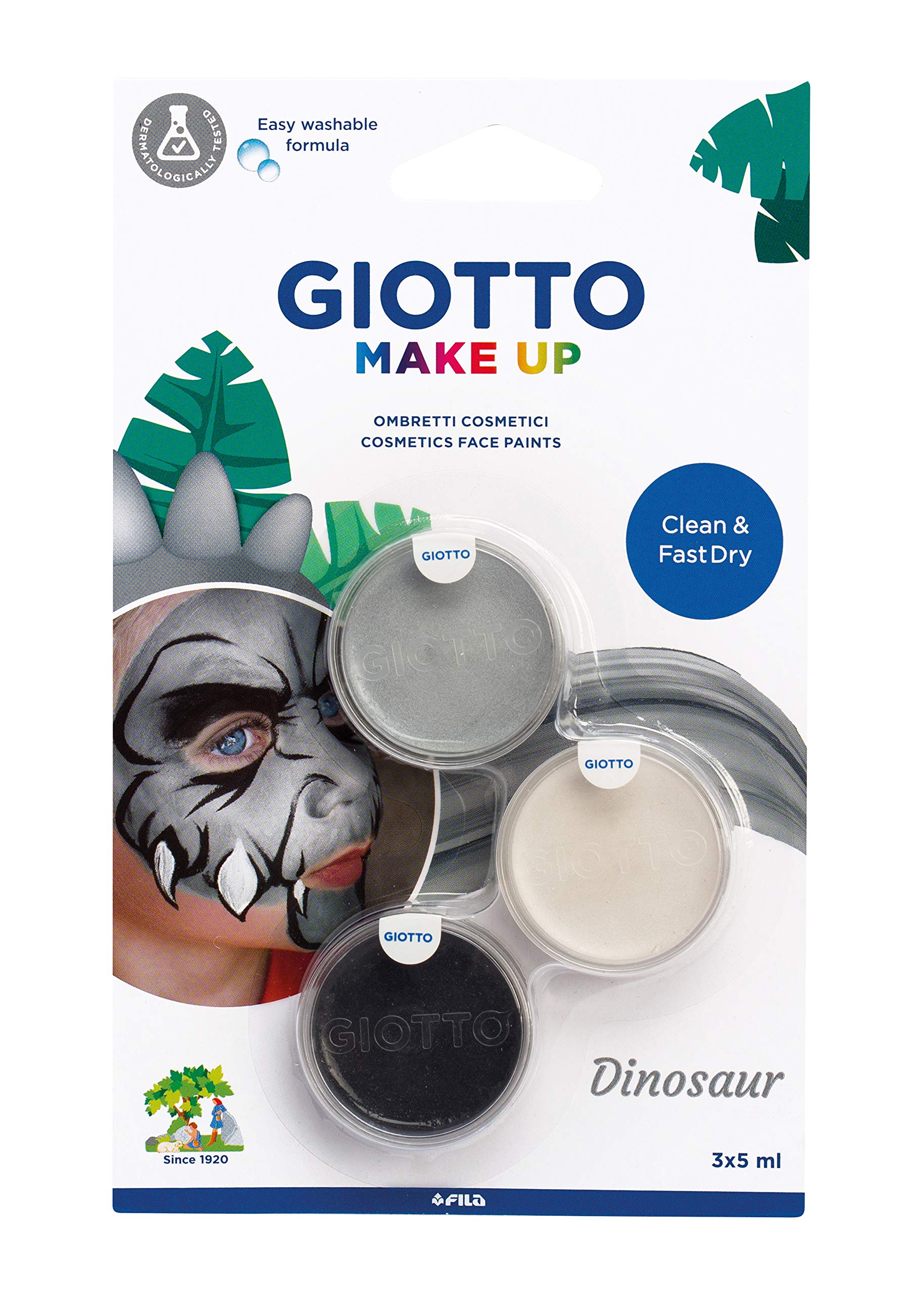 GIOTTO Dinosaur Make-up, Fast Dry Cosmetic Face Paints, Easy Washable from Skin, 3 x 5ml Assorted Colours, For Children and Parties