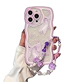 FXFOOT for iPhone 13 Pro Max Case, [Wave Rolled Edge Comfort Grip] [2-in-1 with Beaded Wrist Strap Bracelet] Beautiful Light Purple Bow Pattern for Women & Girls