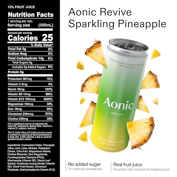 AONIC REVIVE SPARKLING PINEAPPLE – MAGNESIUM + POTASSIUM ELECTROLYTE HYDRATION DRINK, DELICIOUS TASTE, REAL FRUIT JUICE, 12OZ (12 PACK)