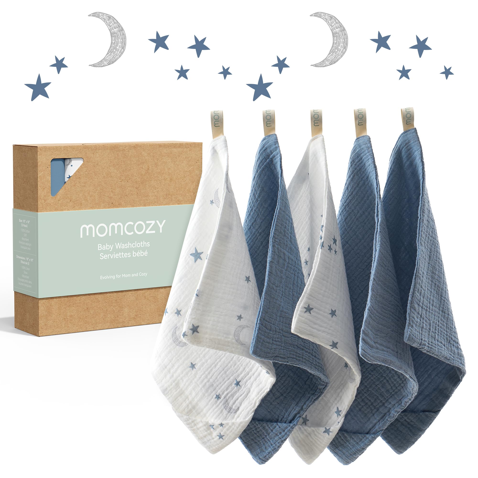 Photo 1 of Momcozy Soft & Absorbent Baby Washcloths - 4 Layer Design| Medium Thickness| Premium Cotton for Newborns' Skin-Great for Bathing, Wiping & on-The-go Use, Shower Gift and Essential(5 Pack, 10x10 inch)