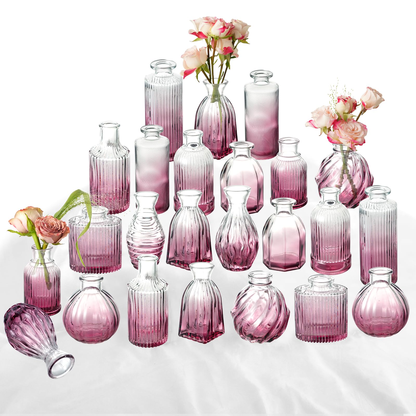 Bud Vases 24 in Bulk, Small Purple Vase Glass Vases for Flowers Vintage Ribbed Colored Wedding Flower Vase for Decor in Bulk Decor Bridal Shower Centerpieces Home Table Decoration Image