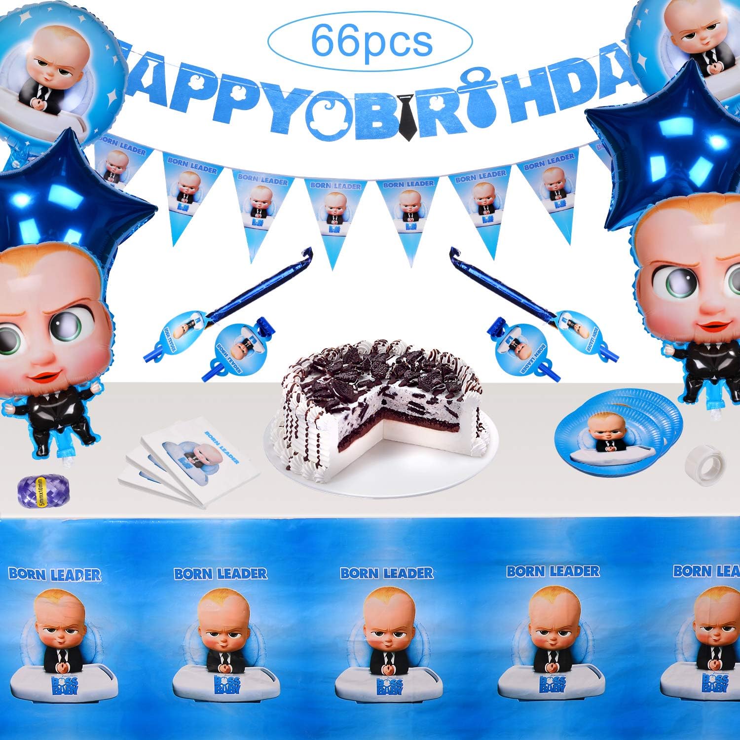 66Pcs Boss Baby Party Supplies Set,Happy Birthday Banner,Boss Baby Balloons,Tablecloth,Plate,Napkins,Blowouts,Pennant,Baby Boss Birthday Party Decoration and Children Carnival Party Supplies Decoration Baby Shower Party DIY
