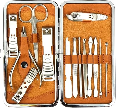 H&S Manicure Set 14 pcs Stainless Steel Nail Clippers Cuticle Remover Beige Case