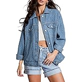 Sidefeel Women's Jean Jacket Oversized Boyfriend Button Up Long Sleeve Textured Denim Jackets