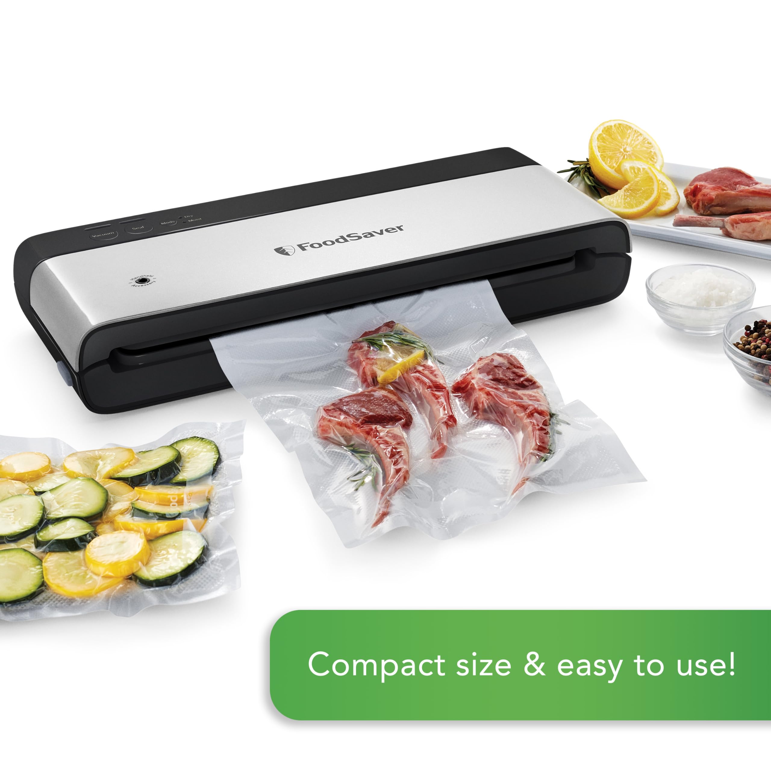 FoodSaver PowerVac Compact Vacuum Sealing Machine Stainless Steel & Black Vertical Storage VS0150 | Preserves freshness reduces bag waste for both dry and wet food